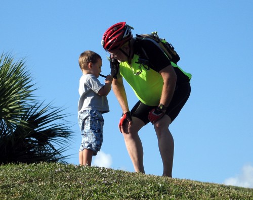 Malcolm Steinhoff drinks from Ken Steinhoff's Camelbak M.U.L.E. at Dreher Park in West Palm Beach, FL