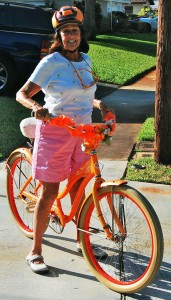 Pat Atwater on her orange bike