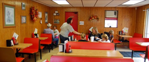 Sarah servers diners at Wib's Barbecue in Jackson MO