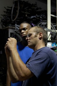 West Palm Beach Freakbike Militia's TIII shows Rand how a tire valve works.