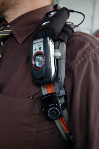 SanDisk Sansa Clip on CamelBak below cell phone and i-Ride Pro speaker