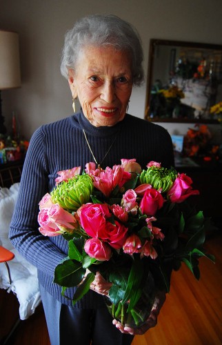 Mary Welch Steinhoff with flowers on her 88th birthday