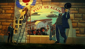 Mural on seawall depicting President Taft visiting Cape Girardeau