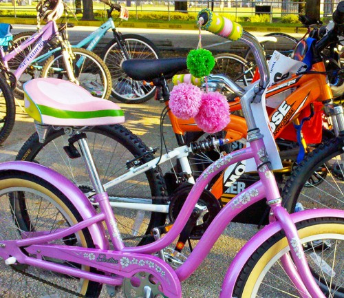 Fuzzy Pom-Poms on Pink Bicycle